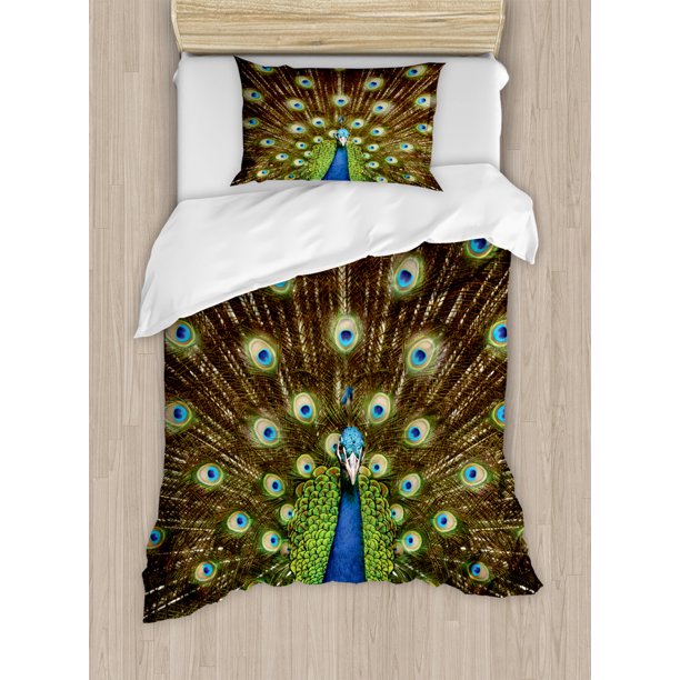 Peacock Duvet Cover Set, Portrait of Peacock with Feathers out Vibrant Colors Birds Summer