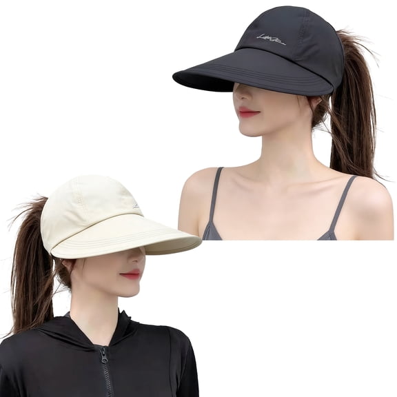 Zzjniupiyyds 2Pcs Women’s Wide Brim Sun Hats – UV Protection Beach Visor with Ponytail Hole, Black & White