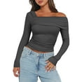 thumbnail image 2 of Penkiiy Women's One Off Shoulder Long Sleeve Tops Ruched Going Out Tops Slim Shirt Crop Tops XL Dark Gray, 2 of 5