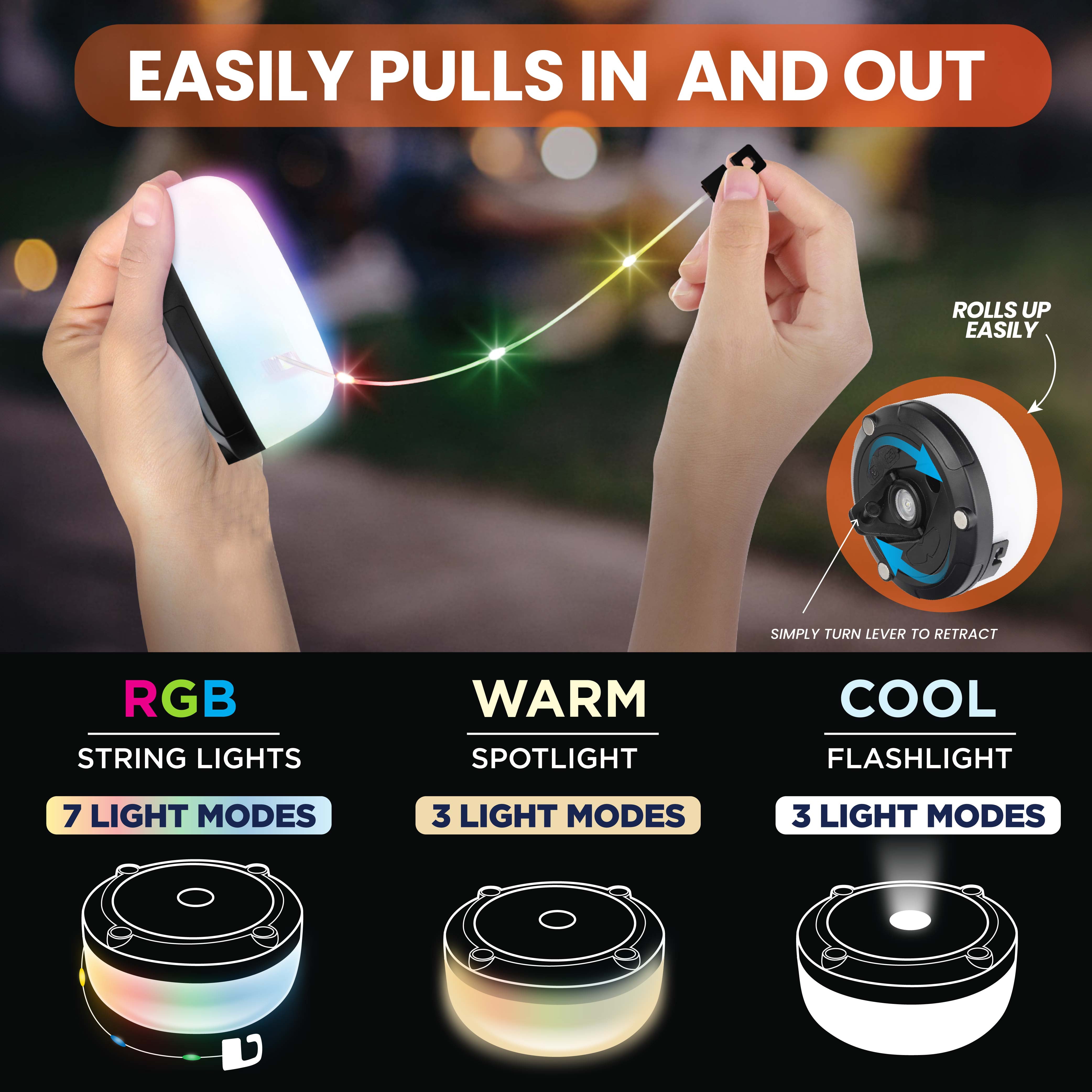 Bell + Howell 50 Ft Retractable Camping String Lights with Flash Light & Hanging Hook, 125 LEDs for Camping, Holidays, Portable String Lights Outdoor Waterproof IP65, USB-C Cable Included