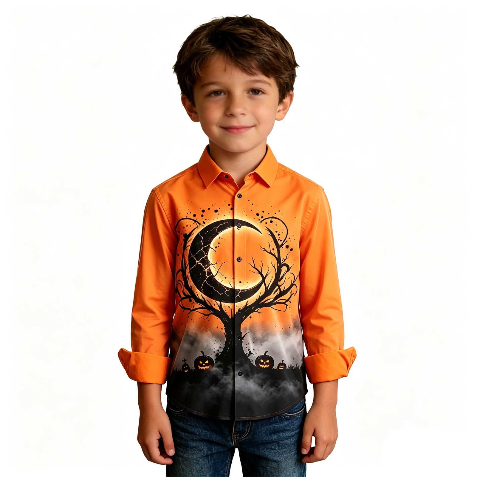 Bainana Halloween Shirts For Teen Boys Graphic Print Long Sleeve Button Down Collar Shirts Lightweight Kids Halloween Theme Party Outfits Orange Size 8-9 Years