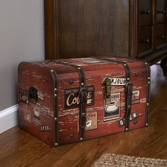 Medium Decorative Trunk, Coffee Shop Faux Decoupage, Antique Exterior, Leather and Metal Accents, Fabric Interior, Hinged Lid, Brown