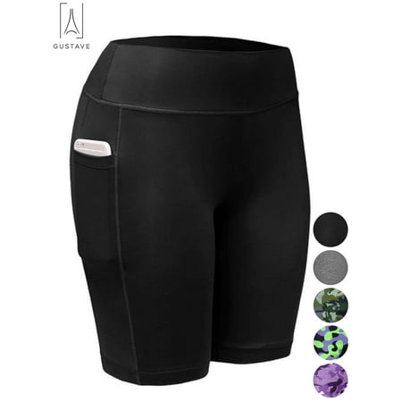 Gustave Women s High Waist Yoga Shorts with Pockets Quick-dry Running Athletic Workout Shorts Tummy Control Leggings Short Pants  Black  XL