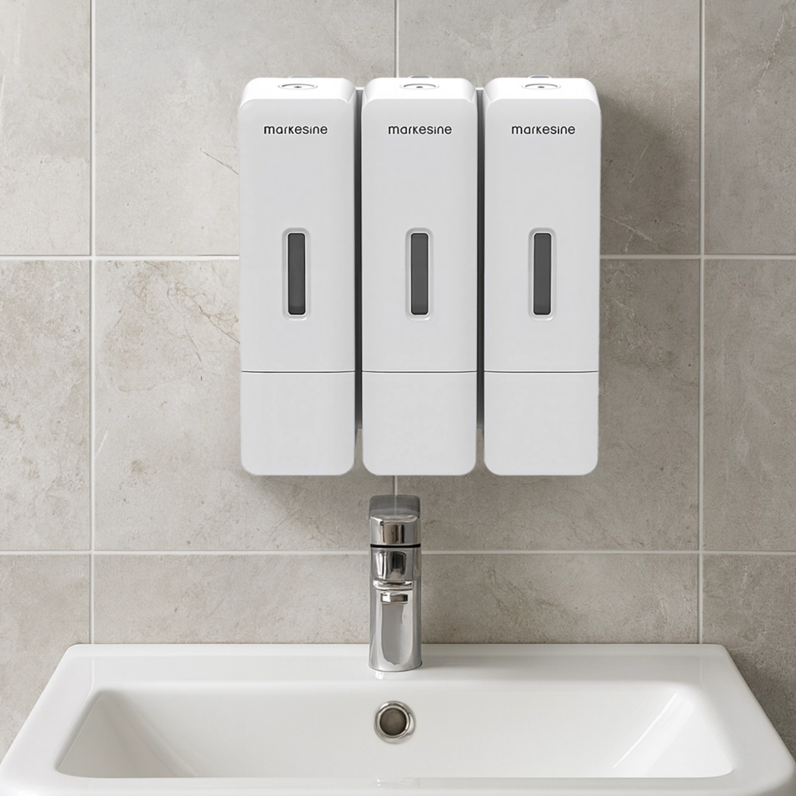 3 Chamber Shampoo And Conditioner Dispenser, Wall Mount Shower Dispenser, 3 x 300 ml, Drill-Free, Press Soap Dispenser for Bathroom, Hotel, Pearl White