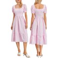 thumbnail image 2 of Douhoow Women Pink Plaid Midi Dress Square Neck Short Sleeve A-line Dresses Beach Holiday Checkered Swing Tea Dress, 2 of 9