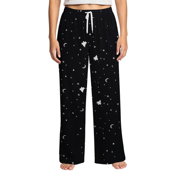 Yuaguia Women's Halloween Pajama Pants, Soft Wide Leg Lounge Trousers with Ghost Moon Star Print, Adjustable Drawstring Sleepwear, Relaxed Fit Casual Bottoms for Home and Sleep, Sizes S-2XL