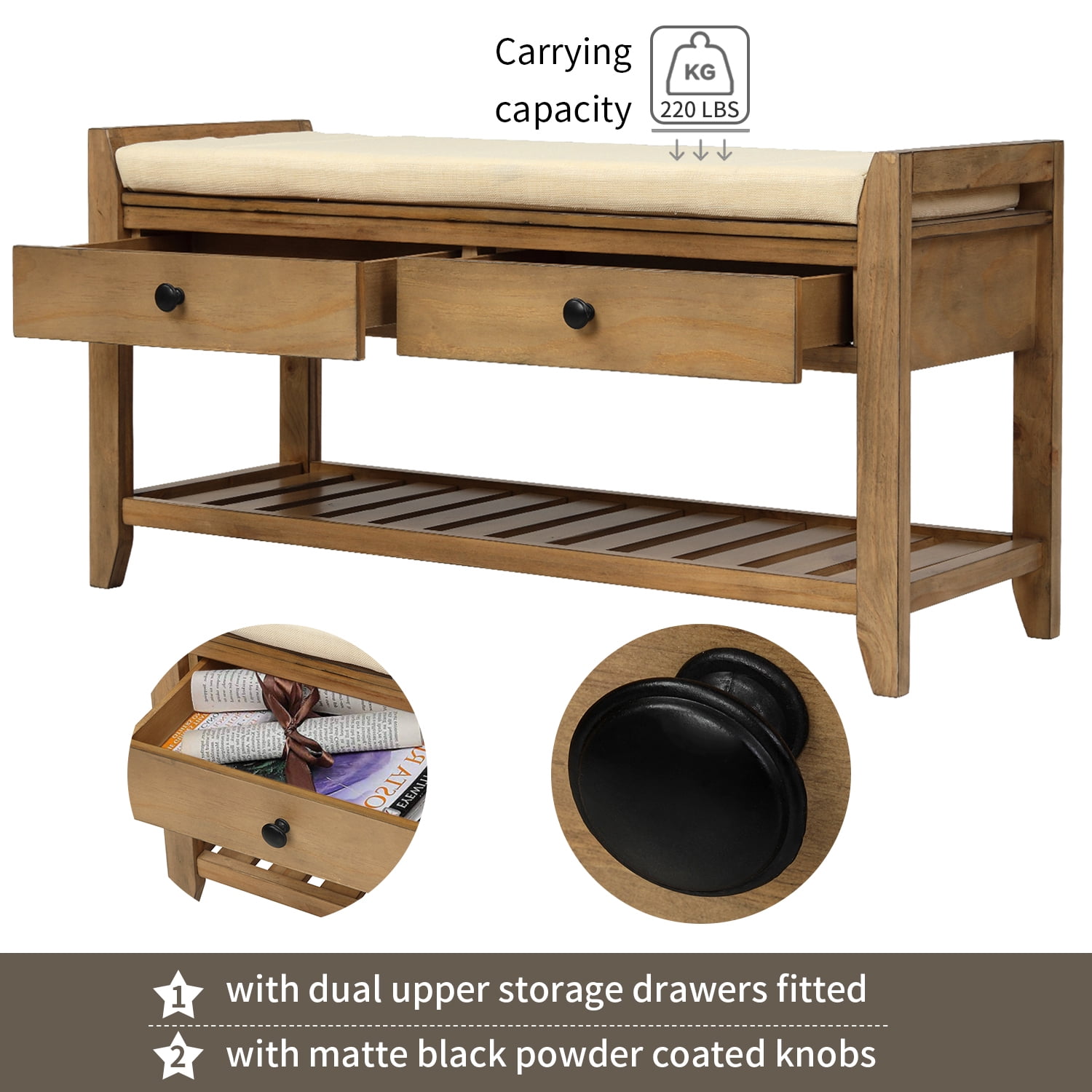 Harper & Bright Designs Shoe Rack with Cushioned Seat and Drawers, Multipurpose Entryway Storage Bench, Old Pine