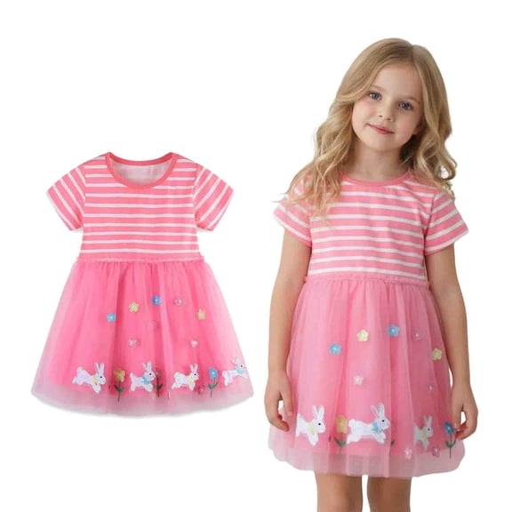 Girl Easter Dress Short Sleeve Striped Tulle Dress Girls Girls Outfits Size 6-7 Years