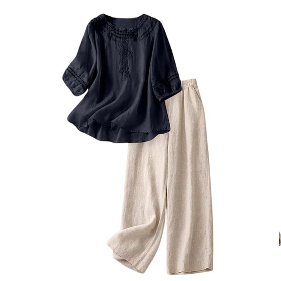 Lumtrix Linen Sets for Women 2 Piece Casual Summer 3/4 Sleeve Shirts Wide Leg Pants with Pockets Work Suits Lounge Outfits Black 3XL