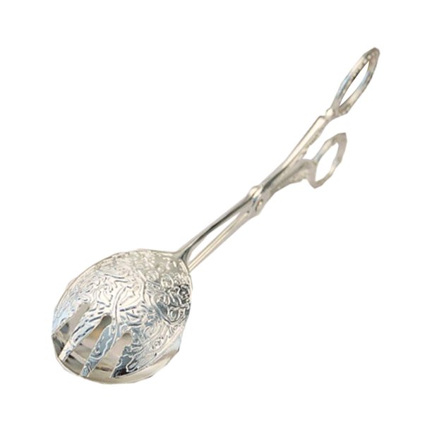 Pinzas para servir comida, cubiertos para ensaladas, utensilios de cocina, pinzas para pan y repostería. Plata redonda
