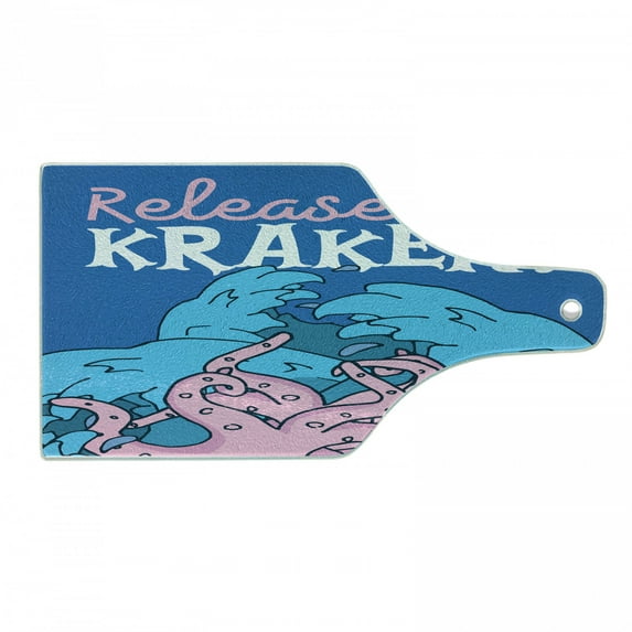 Kraken Cutting Board, Release the Kraken Motivation Words Print with Grunge Modern Illustration Print, Tempered Glass Cutting and Serving Board, Wine Bottle Shape, Pink Royal Blue, by Ambesonne