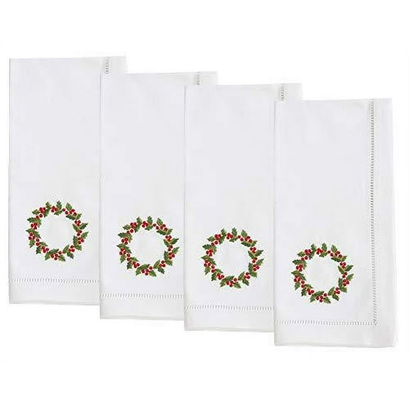 Fennco Styles Holiday Cotton Embroidered Wreath 20 Inch Square Dinner Napkins, Set of 4