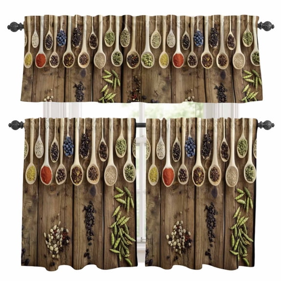 Modern Cooking Kitchen Curtains Sets for Windows 36 Inch Length, Farmhouse Country Wooden Grain Rod Pocket Window Treatments Tier Curtains and Valances Set for Bedroom/Bathroom