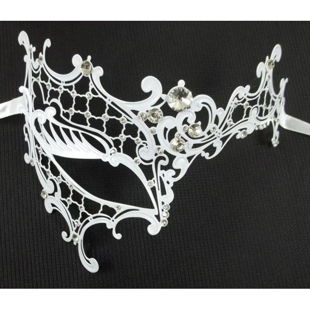 White Crystal Lady Phantom Laser Cut Venetian Mask Masquerade Metal
