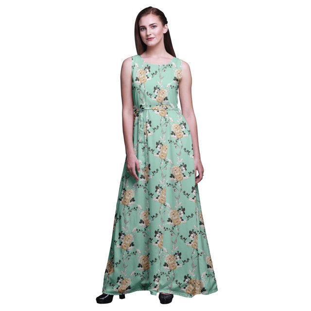 Bimba Robe Longue Maxi à Fleurs pour Femmes Col Rond Imprimé Robe de Soirée-Petite
