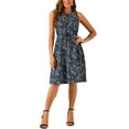 thumbnail image 1 of Vestido midi sin mangas de corte A con cuello en forma de llave y cintura ajustable, estampado de flores en azul y púrpura, talla XL, 1 of 5