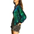 thumbnail image 5 of MODA NOVA Juniors Halloween Costume Christmas Glitter Cropped Long Sleeve Zipper Bomber Jacket Green S, 5 of 7