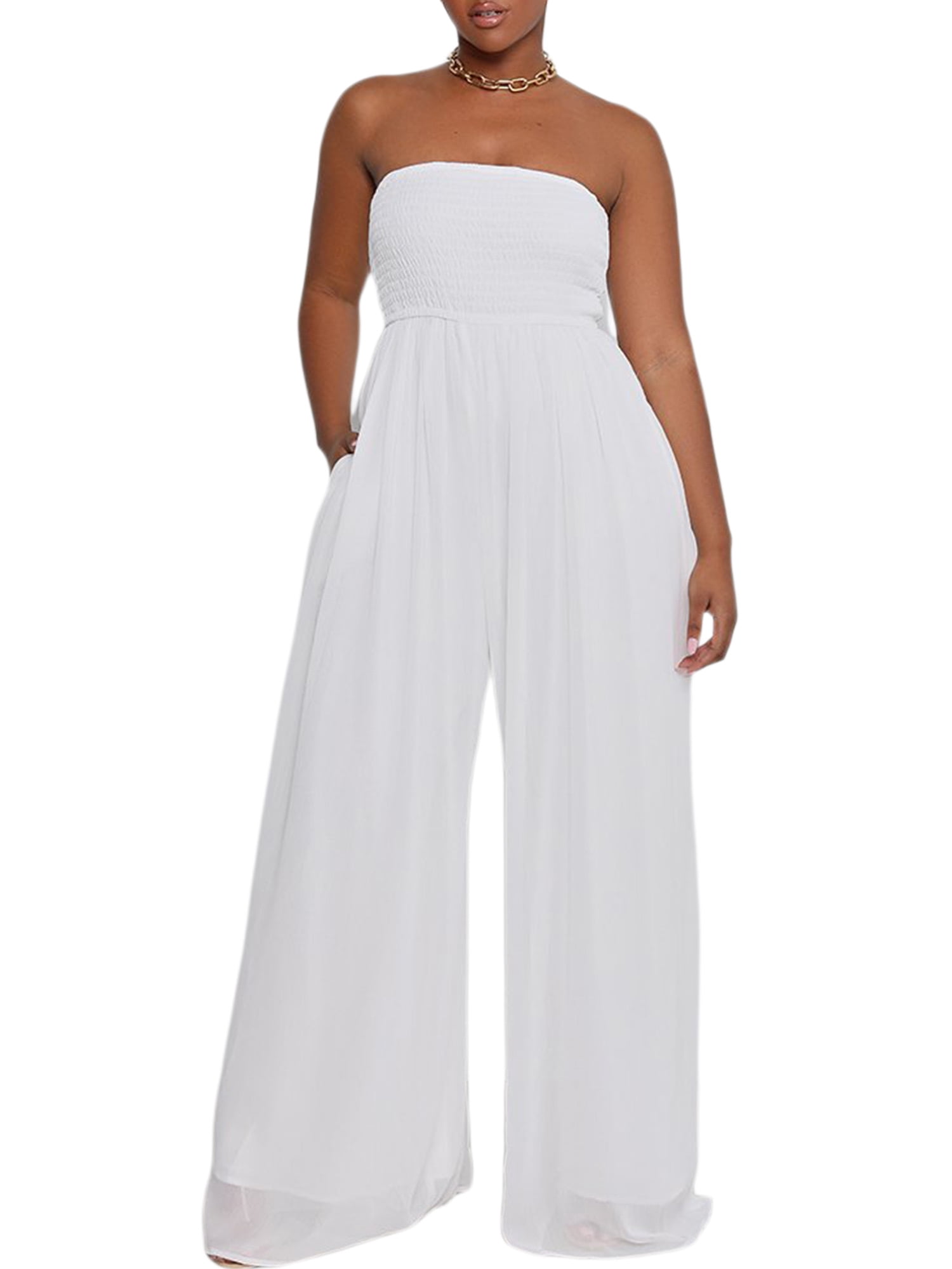 Loliuicca Women Summer Chiffon Jumpsuit Tube Top Mopping Solid Color Strapless Wide Leg Pants One Piece Rompers