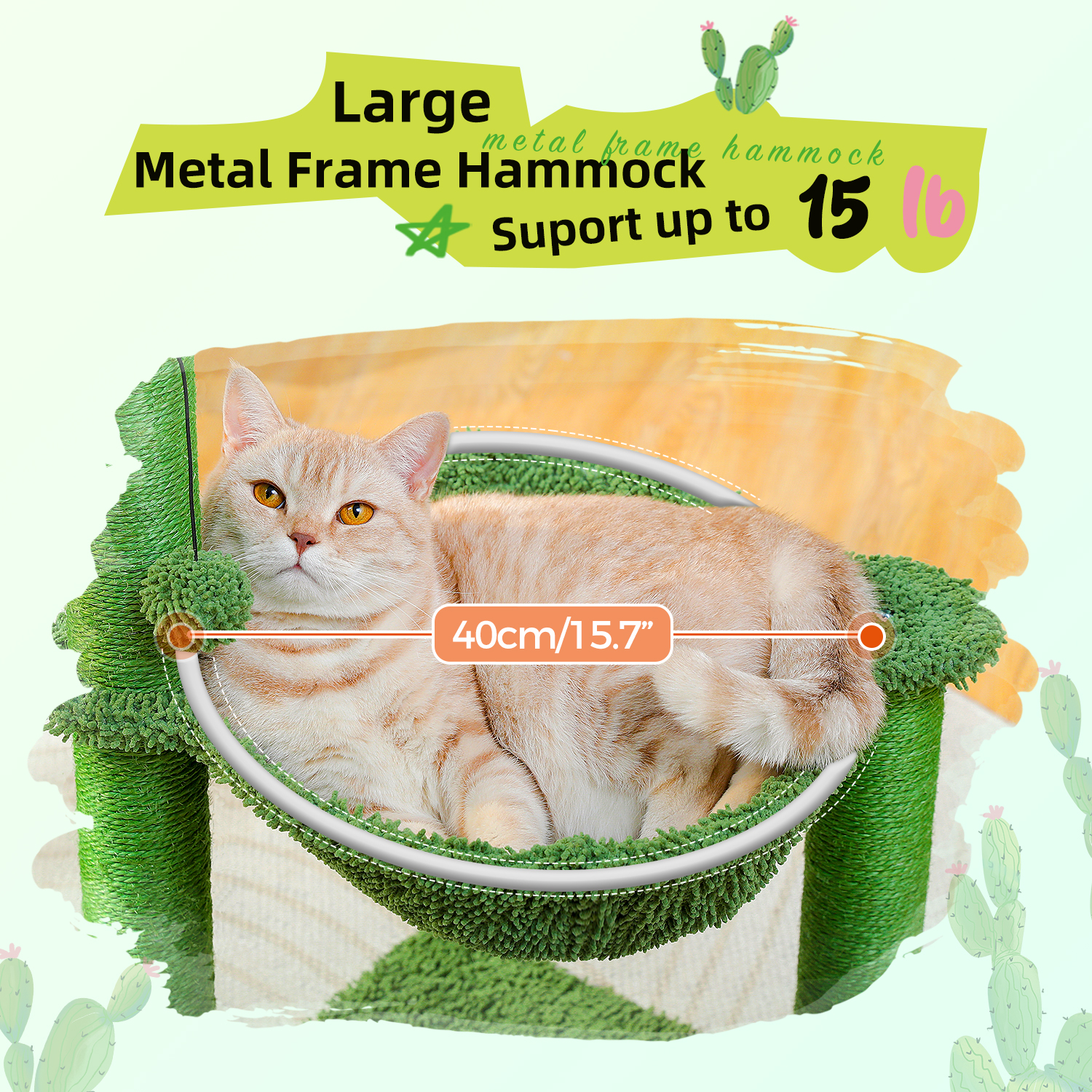 PAWZ Road 35" Cactus Cat Scratching Post with Pet Self Groomer and Hammock for All Indoor Cats Green