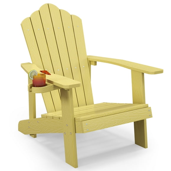 Gymax Patio HIPS Outdoor Weather Resistant Slatted Chair Adirondack Chair w/ Cup Holder Yellow