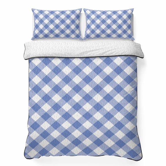 Pastoral Style 3 Piece Quilt Bedding Set with 2 Pillow Shams, Blue Lattice Lightweight Bedspread Coverlet, Soft Breathable All Season Quilt, 68 x 86 Inch