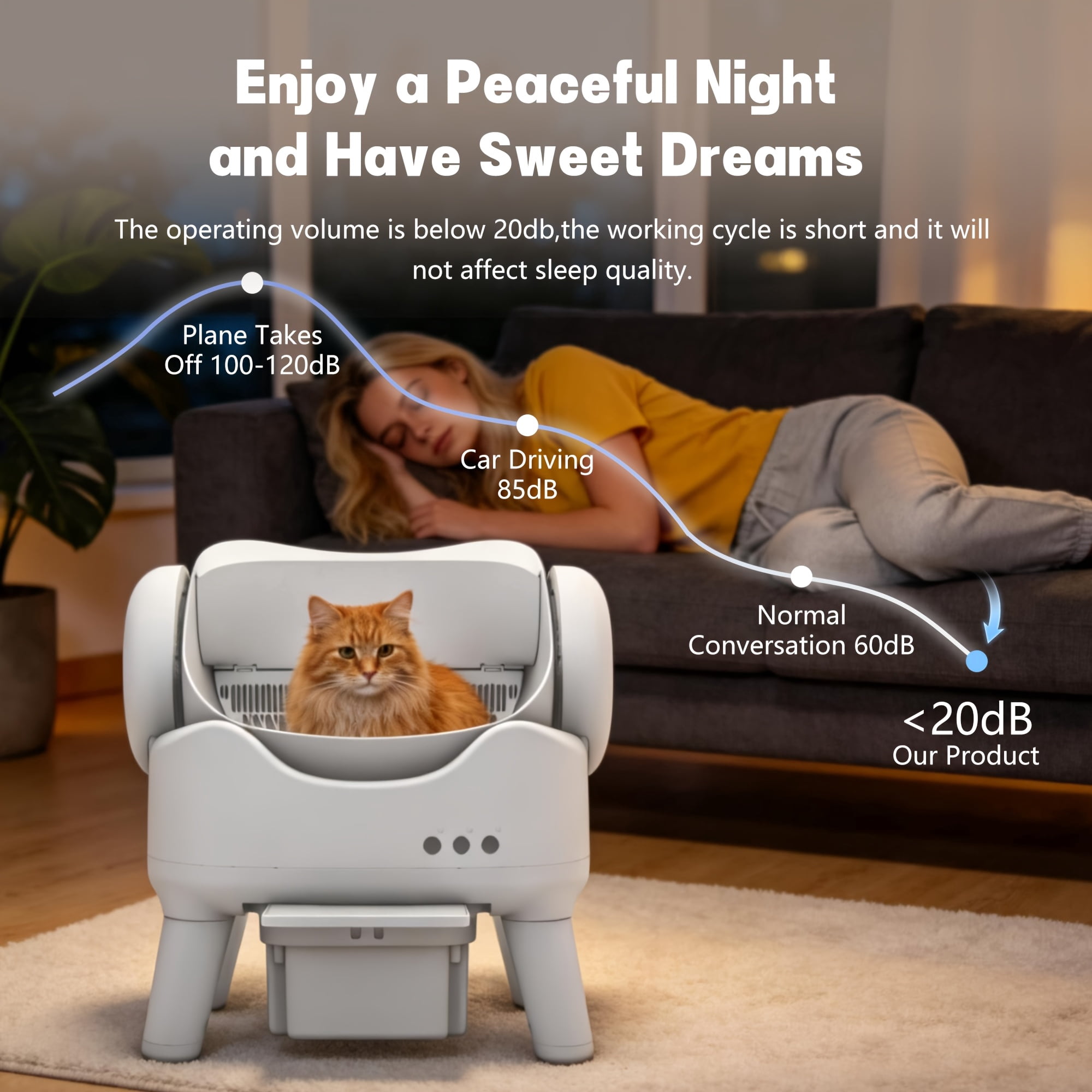 Self cleaning  Litter Box, Low Noise Automatic  Toilet, Spacious Open Design for All Cats, High Sides Anti-Splash, Odor CONTROL, 3.96gal Large Waste Drawer, Easy Clean, Battery-Free