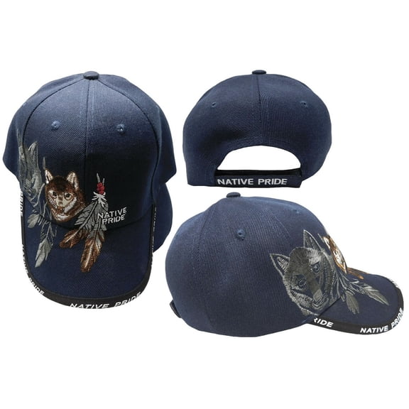 Native Pride Wolf Shadow Feather Blue Embroidered Cap Hat