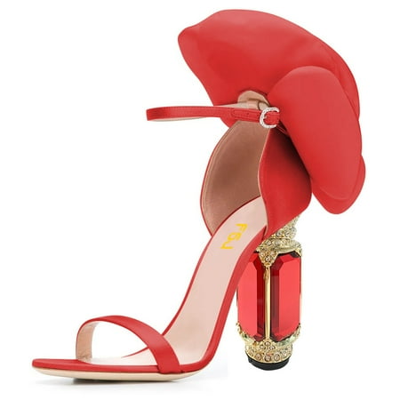 FSJ Women Fashion Round Open Toe Rhinestone Block High Heels Sandals with Flower Bloom Back Ankle Strap Adjustable Buckle Pumps Wedding Party Bridal Sexy Shoes Size 15 Red