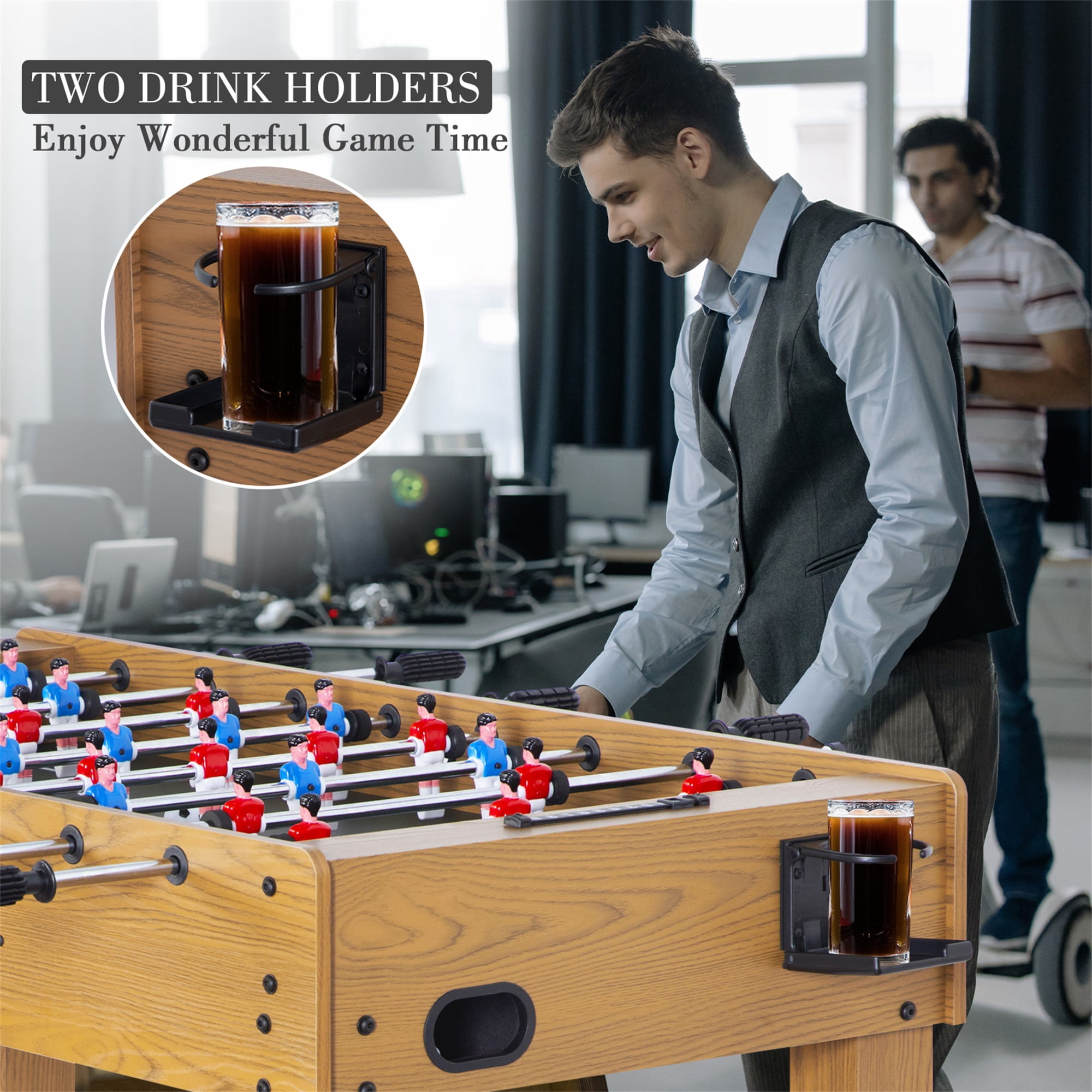 RayChee 48in Foosball Table, Competition Sized Soccer Table w/ 2 Balls, 2 Cup Holders for Game Room (Wood Grain)