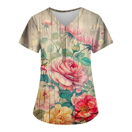 

Dorkasm Scrub Tops with Pockets Scrubs V Neck Short Sleeve Floral Women Blouses Loose Fit Medical Ladies Tops Pink M