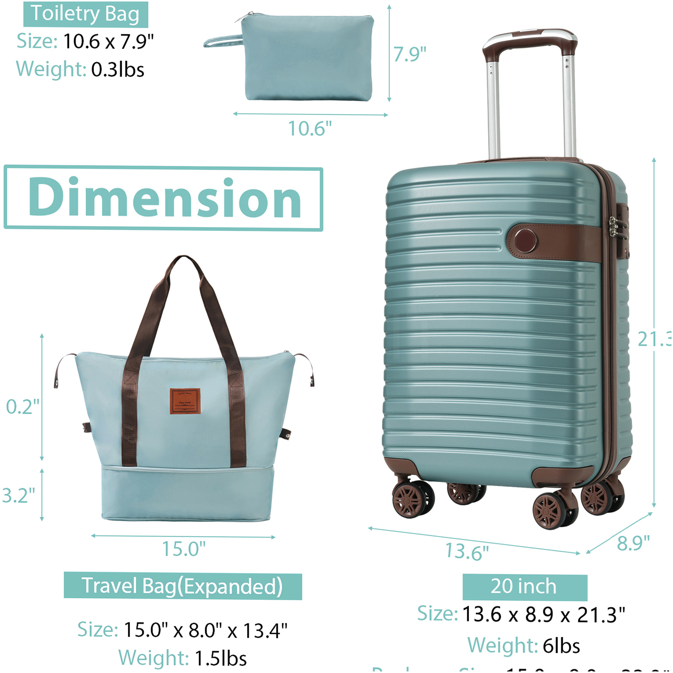 JERFIT 3-Piece Expandable Hardshell Spinner Luggage Set, TSA Lock, Lightweight ABS Carry On Suitcase, 20in, Blue