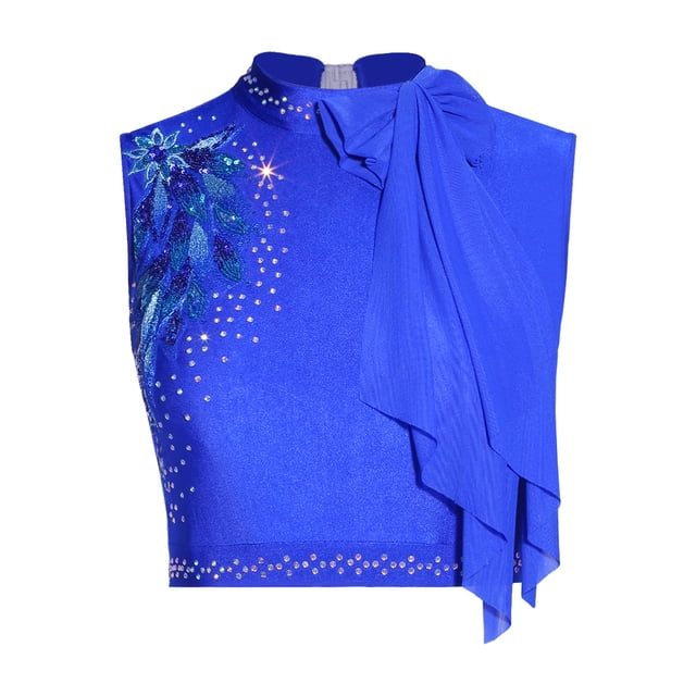 dPois Women's Lyrical Dance Crop Top Shiny Rhinestone Sleeveless Exquisite Embroidery Stage Performance Vest Royal Blue L