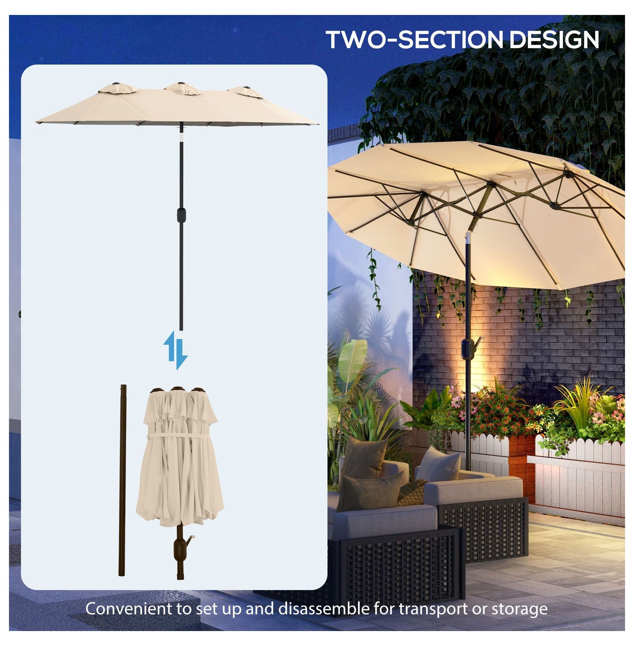 9.5' Patio Umbrella Outdoor, Market Umbrella with Tilt & Crank, 12 Ribs, UV Protection for Garden, Deck, Pool - Brown