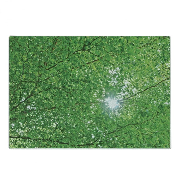 Forest Cutting Board, Sun Through Tree Branch and Leaf Top Relaxing Peaceful Serene Environment Rural Design, Decorative Tempered Glass Cutting and Serving Board, Small Size, Green, by Ambesonne