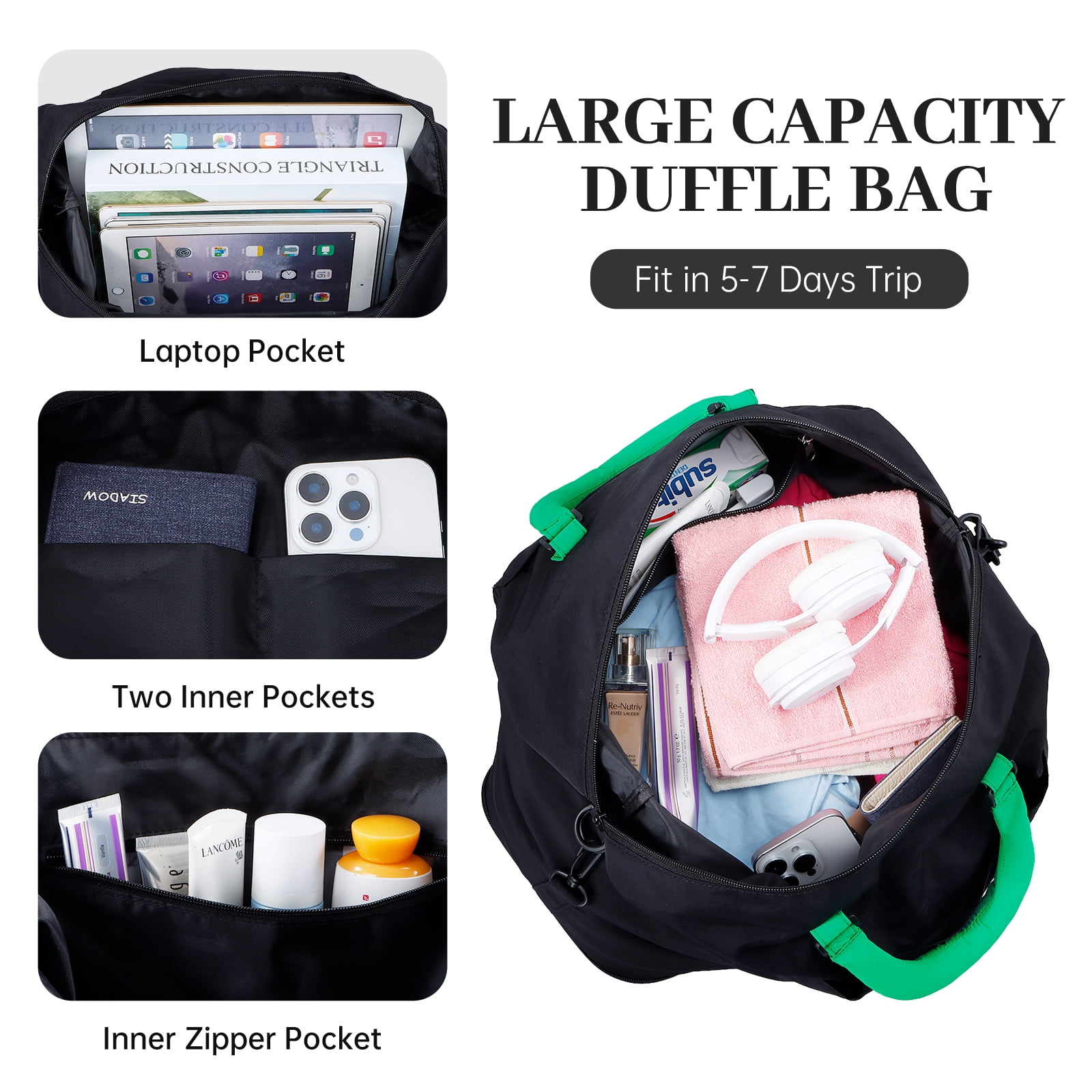URSOFINE Travel Duffle Bag, Large Capacity Expandable Weekender Bag with Luggage Sleeve, Waterproof Nylon Overnight Bag for Women Men, Gym Bag Hospital Bag with Laptop Pocket