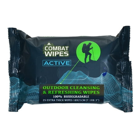 Combat Wipes ACTIVE Outdoor Wet Wipes | Extra Thick, Ultralight, Biodegradable, Body & Hand Cleansing/Refreshing Cloths for Camping, Travel, Gym & Backpacking w/ Natural Aloe & Vitamin E (25 Wipes) (Best Body Wipes For Camping)