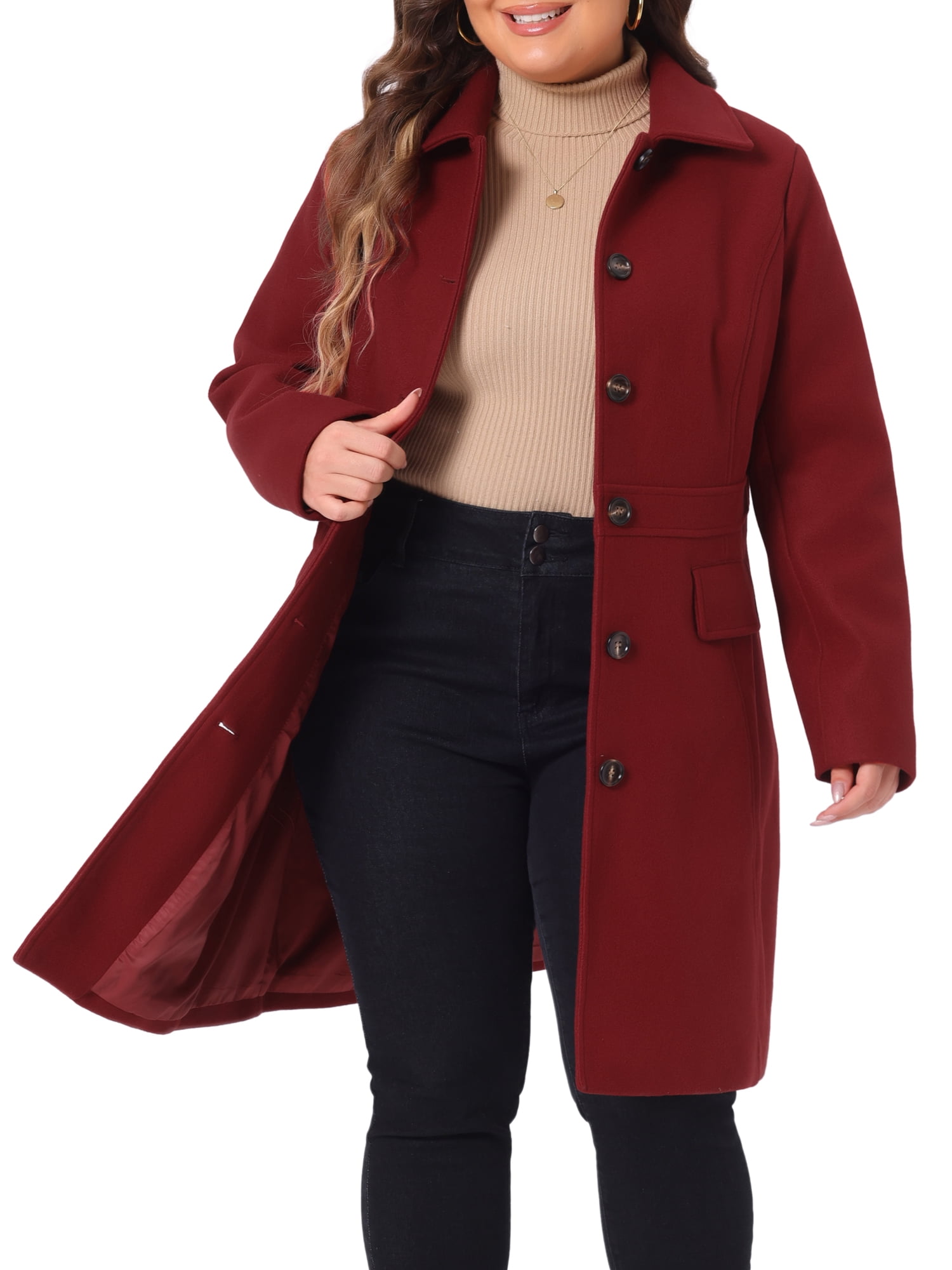 DARING DIVA Women's Plus Size Peter Pan Collar Single Breasted Coat 4X Dark Red