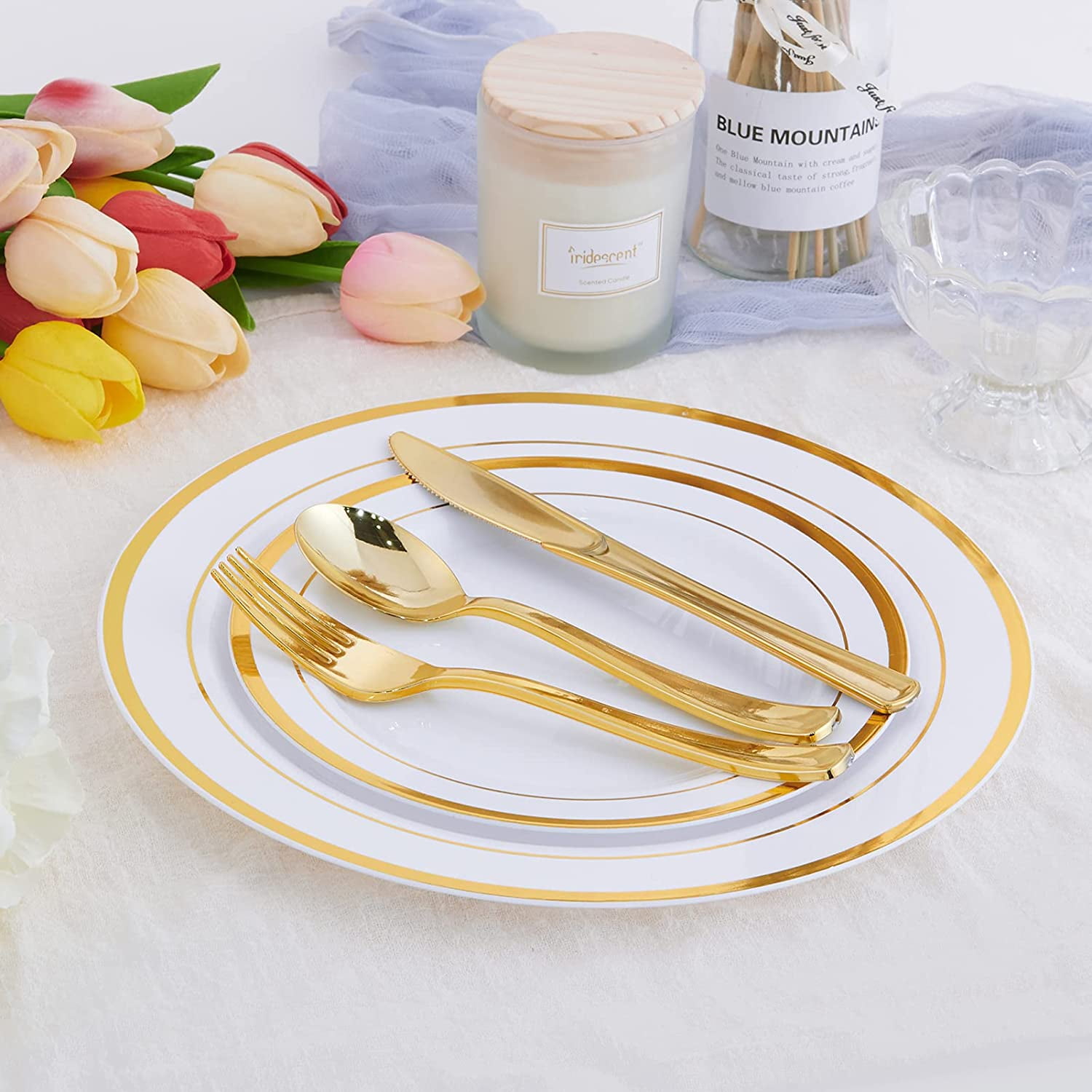 Blue and gold plastic plates hot sale