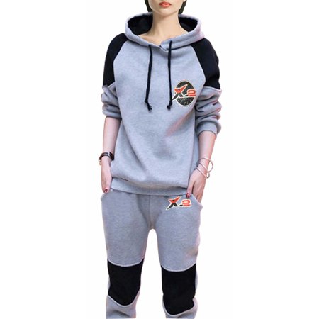 X-2 Women Athletic Fleece Tracksuit Sweatsuit Activewear Black-Panel Gray