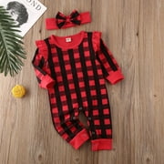 Infants Climbing Clothing Girl Jumpsuits Autume Winter Plaid with Headband Bowknot Long-Sleeve Baby Romper