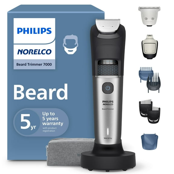 Philips Norelco Beard Trimmer 7000 Series, 100% Waterproof Trimmer For Men, 40 Lock-In Hair Length Settings, Beardsense Power Adaptability, Detail & T-Blade Trimmer Heads, Charging Stand, BT7670/40