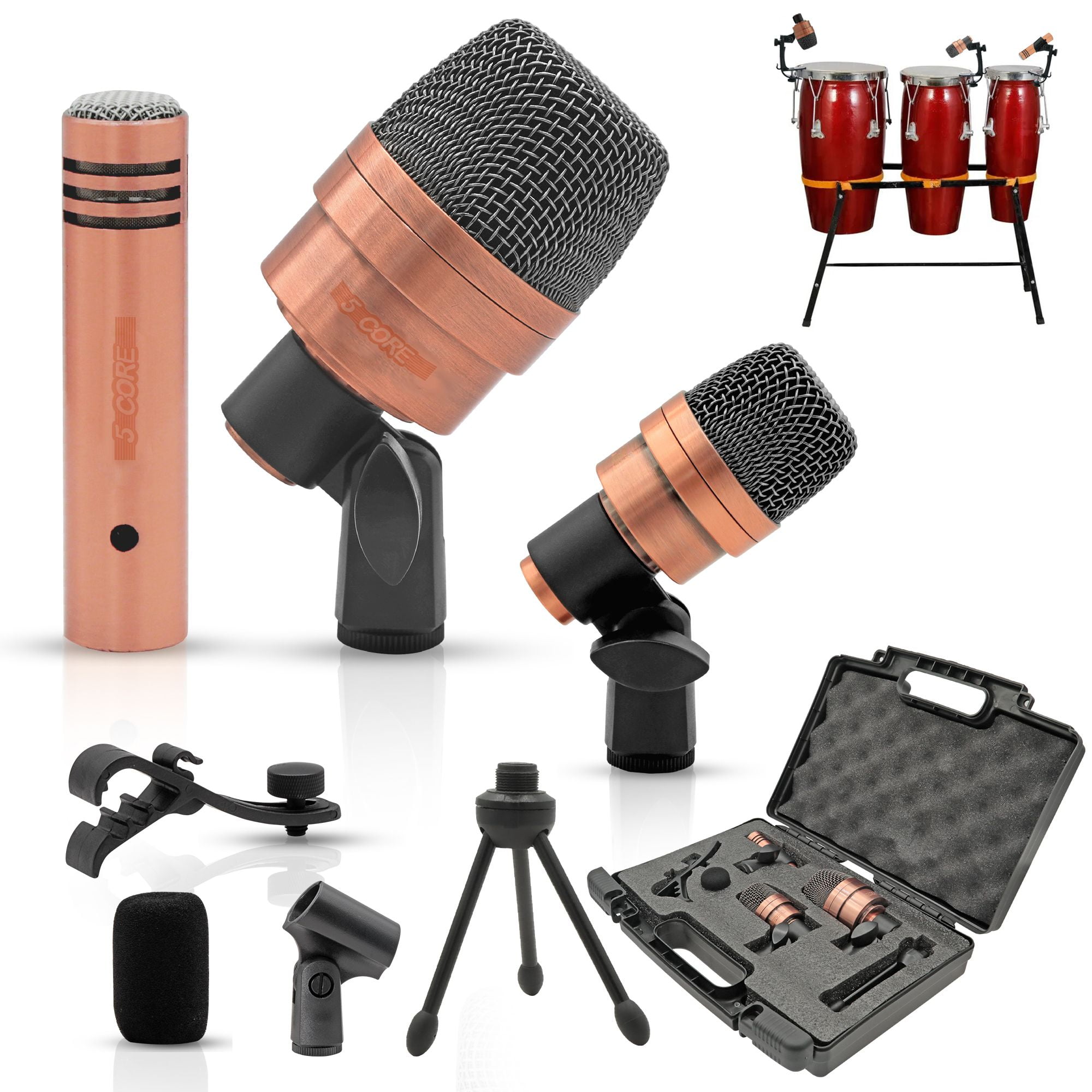 3XP Copperex Professional XLR Cardioid Mic Kit – 3-Piece Condenser Set for Conga, Snare, Tom (50Hz-18KHz) w/ Tripod, Mounts & Windscreen