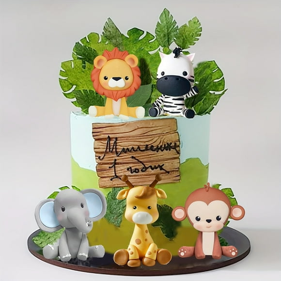 Jungle Safari Animal Cake Topper With Lion Giraffe Monkey Elephant Zebra For Wild Animals Themed Birthday Baby Shower Party Supplies