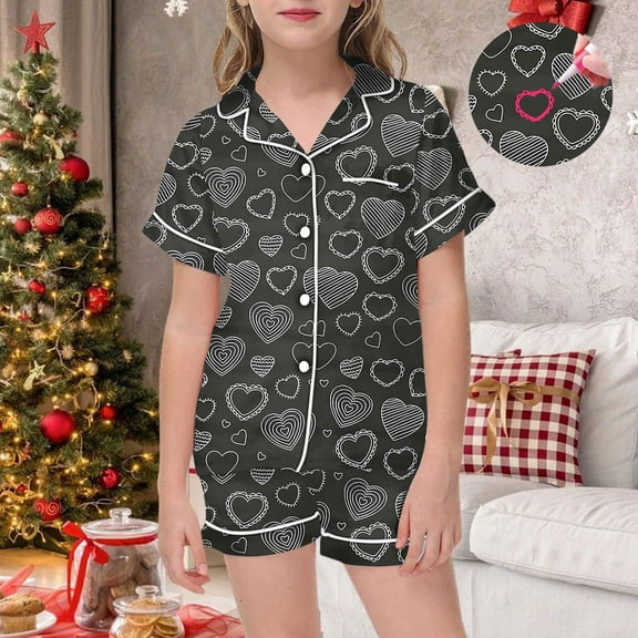Kids Satin Pajamas Girls Boys Letter Printed Button Down Solid Tops T Shirt Shorts 2PCS Summer Girls Casual Pajamas Set Little Girl Pajamas Size 6-7