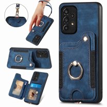 Wallet Case for Samsung A52 5G, 360 Ring Holder Stand with Card Holder Premium Retro Leather Shockproof RFID Blocking Magnetic Clasp Hand Strap for Women Men for Samsung Galaxy A52 5G, Blue