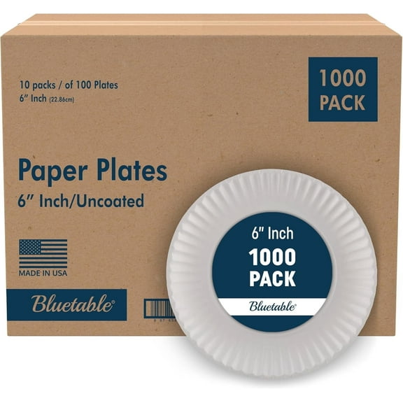 6 Inch Paper Plates 1000 Count , Uncoated White 6” Disposable Small Plate , Bulk Case Pack