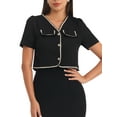 thumbnail image 1 of INSPIRE CHIC Women's Tweed Jacket Contrast Color Button Down Short Sleeve Work Office Blazer Black M, 1 of 5
