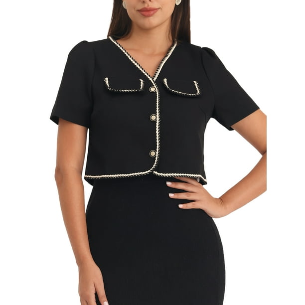 CHAQUETA DE TWEED PARA MUJER INSPIRADA CHIC, CON BOTONES DE COLOR CONTRASTANTE, MANGA CORTA, BLAZER DE OFICINA XL NEGRO