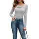 thumbnail image 3 of Camisetas de Larga para Mujer, Corte Ajustado, Estilo Otoño, con Aberturas, Estilo Y2K y Tejido Acanalado. Gris L, 3 of 7