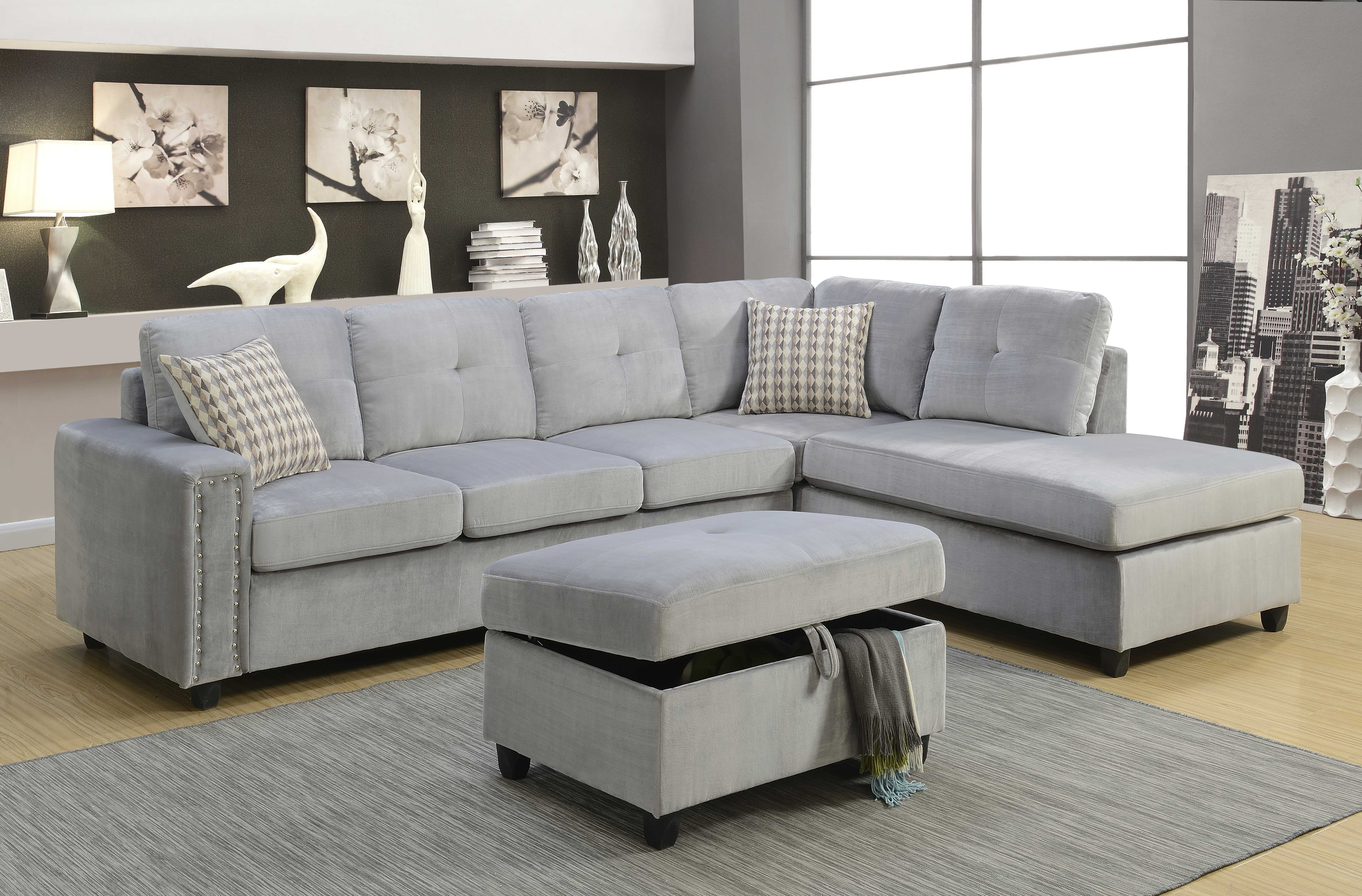 Sectional Sofa with Pillows (Reversible), Gray Velvet - Velvet, Wood